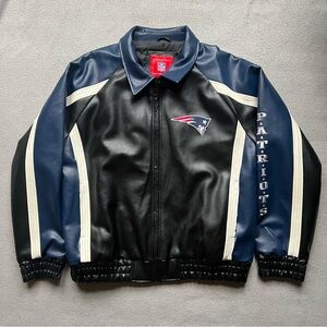 New England Patriots Jacket Mens Extra Large Black Faux Leather Spellout NFL VTG